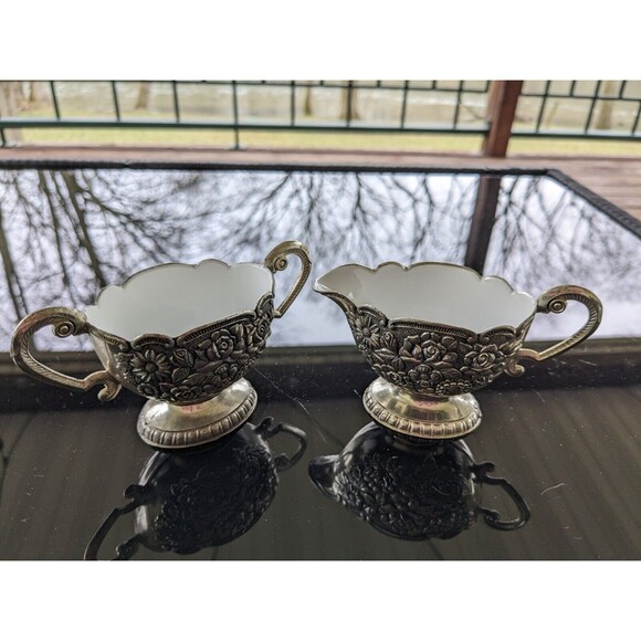 Silverplate Embossed Floral Vtg Sugar Bowl Creamer w Tray White Porcelain Rare - Picture 8 of 16